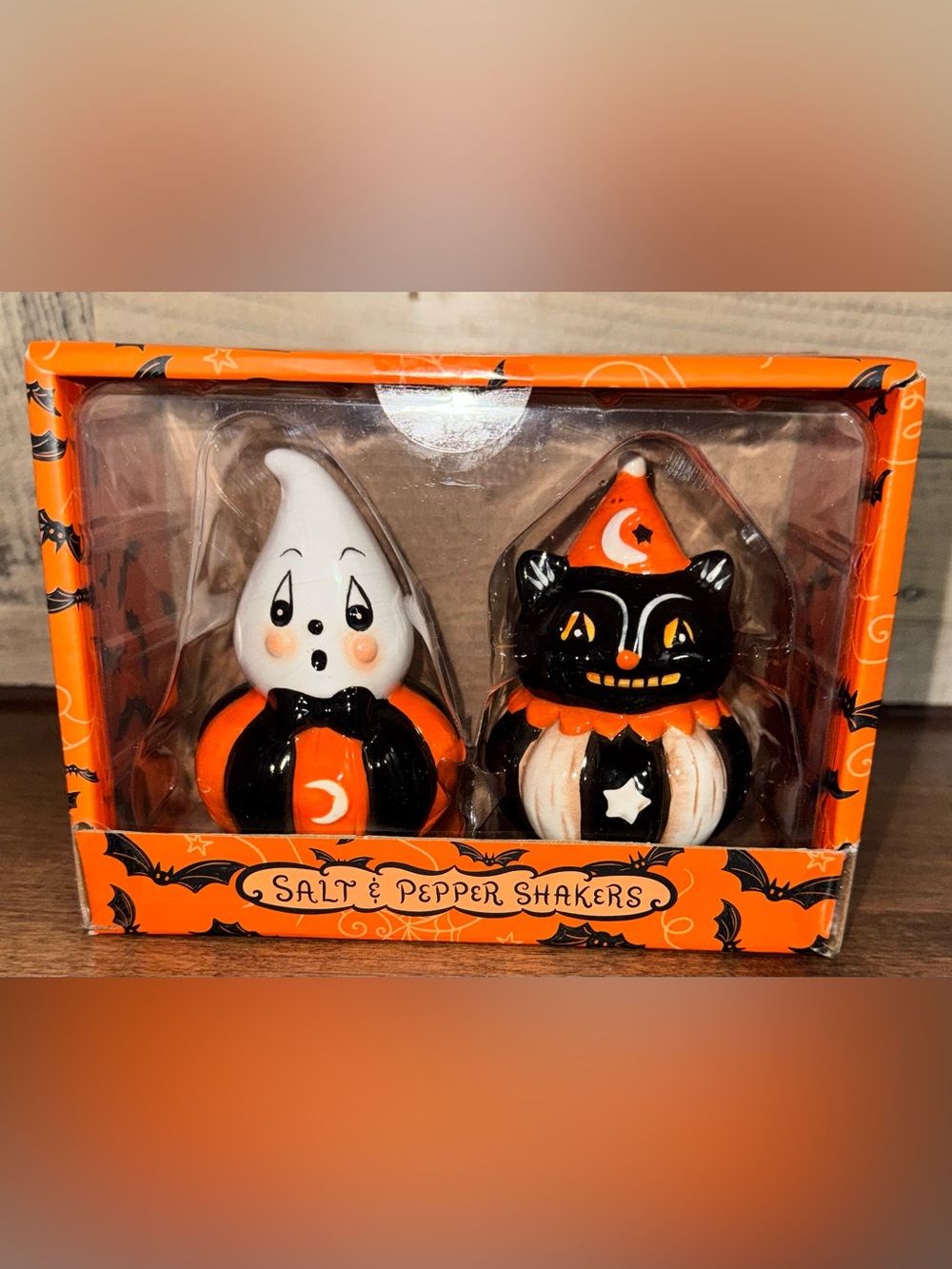 😘 Johanna Parker Halloween Ghost & Cat Salt/Pepper Shakers Set Orange Black